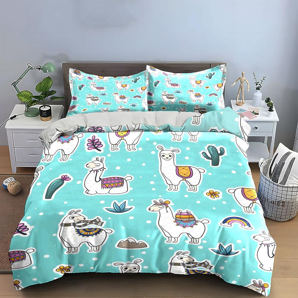 Cute Llama Cactus Rainbow Print Bedding Duvet Cover Set  (1*Duvet Cover 2*Pillowcases, Without Duvet Insert)