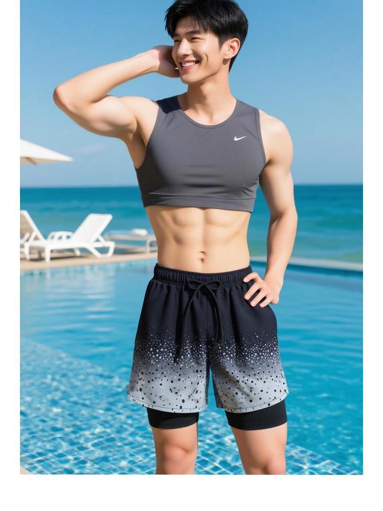 Men's Quick-Dry Swim Trunks: Double Layer, Anti-Embarrassment, Breathable Mid-Length Beachwear for Running and Hot Springs.