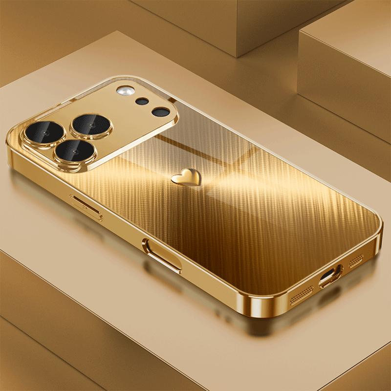 Gold Brushed Pattern Electroplated Glass Phone Case, Suitable for iPhone 17, 16, 15, 14, 13, 12, 11, Etc.