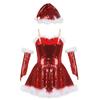 Girls Christmas Santa Dance Costume Adjustable Spaghetti Straps Sequins Leotard Dress Hat Arm Sleeves