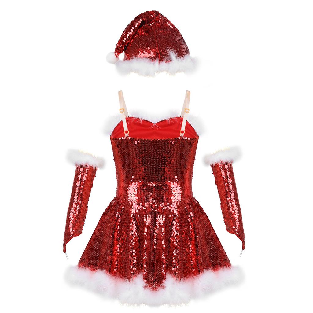 Girls Christmas Santa Dance Costume Adjustable Spaghetti Straps Sequins Leotard Dress Hat Arm Sleeves