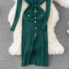 Spring Autumn V-neck Solid Knitted Sweater Dresses Women Single Breasted Full Sleeve Slim Bodycon Dress