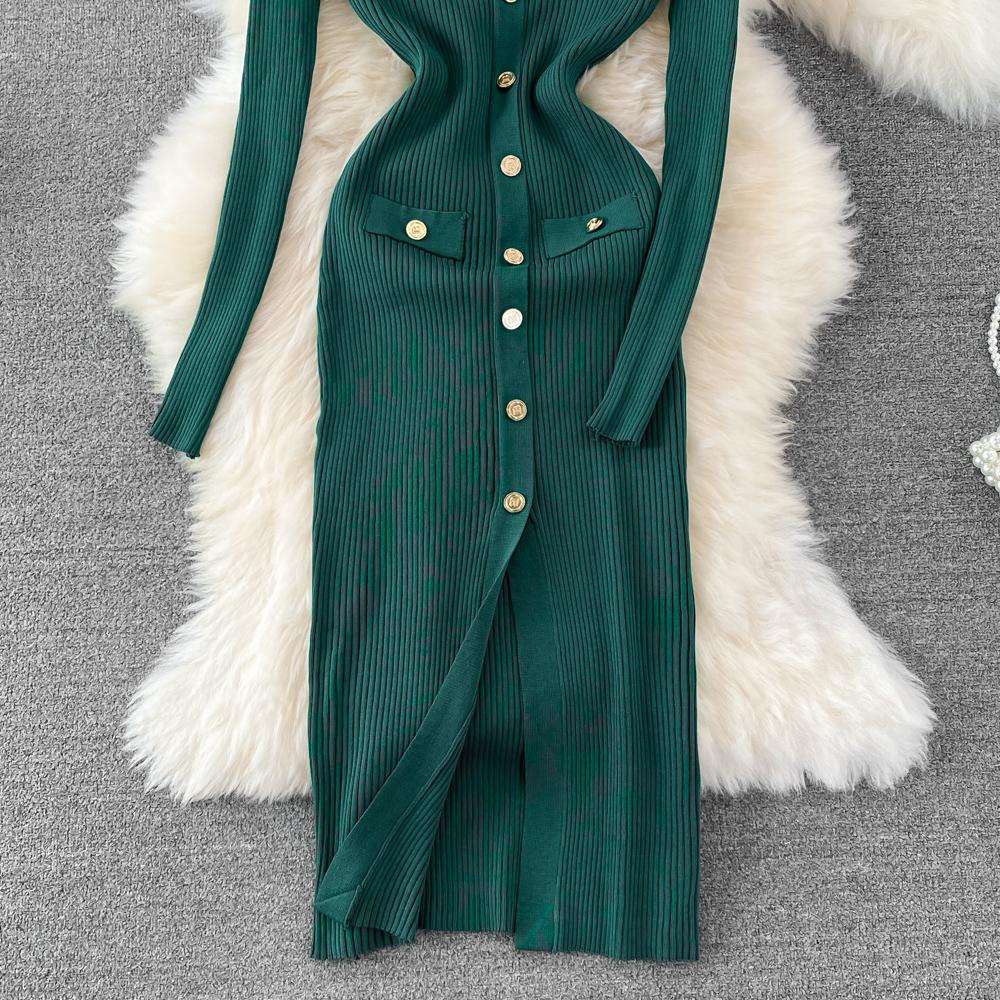 Spring Autumn V-neck Solid Knitted Sweater Dresses Women Single Breasted Full Sleeve Slim Bodycon Dress