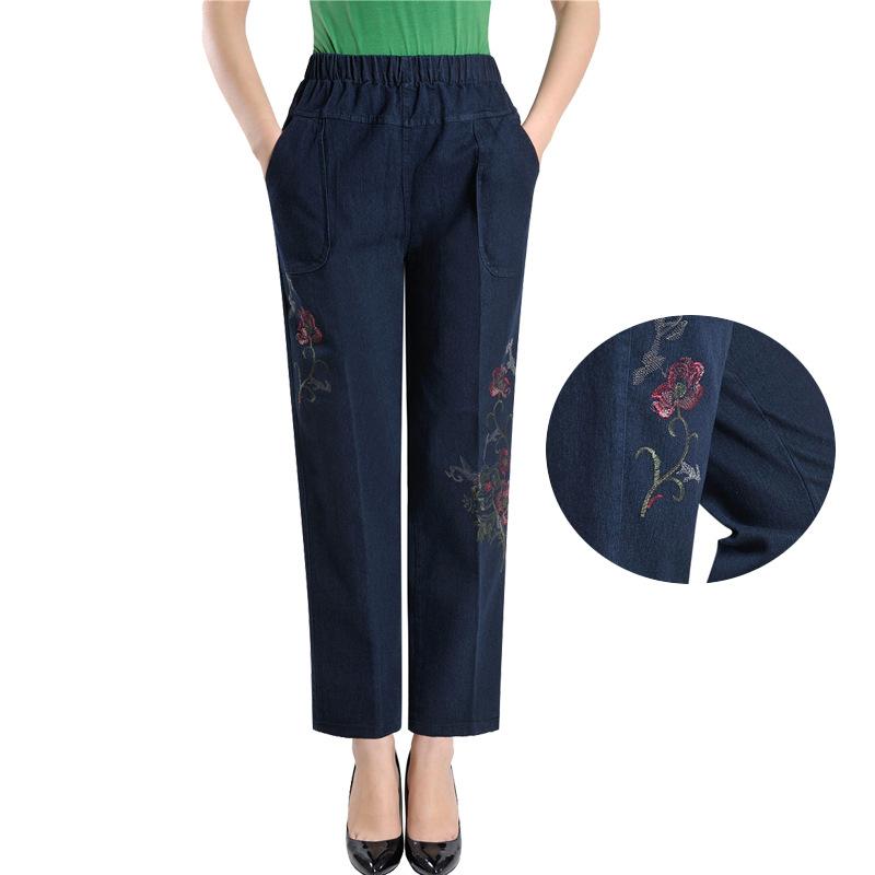 Middle Aged and Elderly Mother's Pants Elastic Waist Loose Straight Pants Embroidered Women's Pants