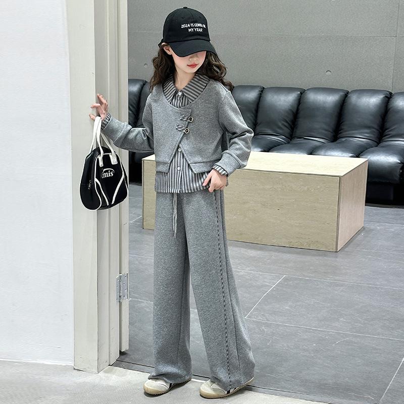 Girls' 2025 Fleece-Lined Set: Trendy Two-Piece Striped Top & Casual Pants for Autumn/Winter