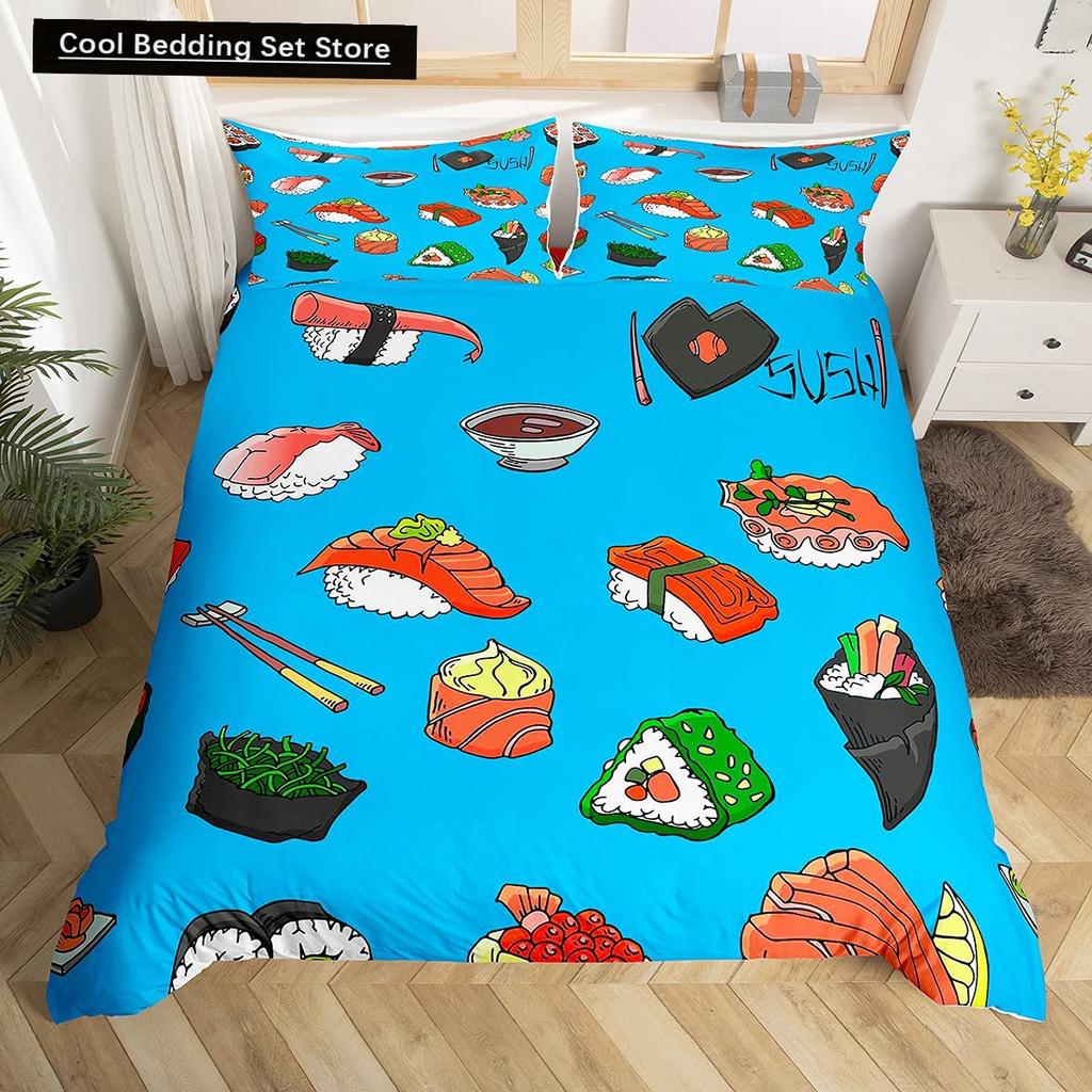 Japan Sushi Königin König Bettbezug Meeresleben Bettwäscheset Cartoon Japanisches Essen Bettdeckenbezug Bunt Polyester Bettdeckenbezug