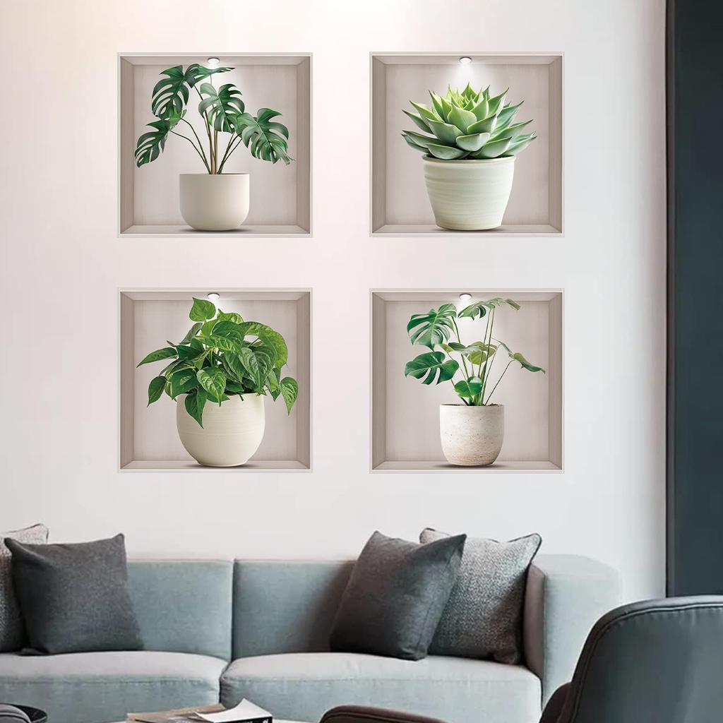 Watercolor Simulation Turtle Back Leaf Cactus Potted Green Plant Wall Stickers for Bedroom Living Room Decoration Wall Decals