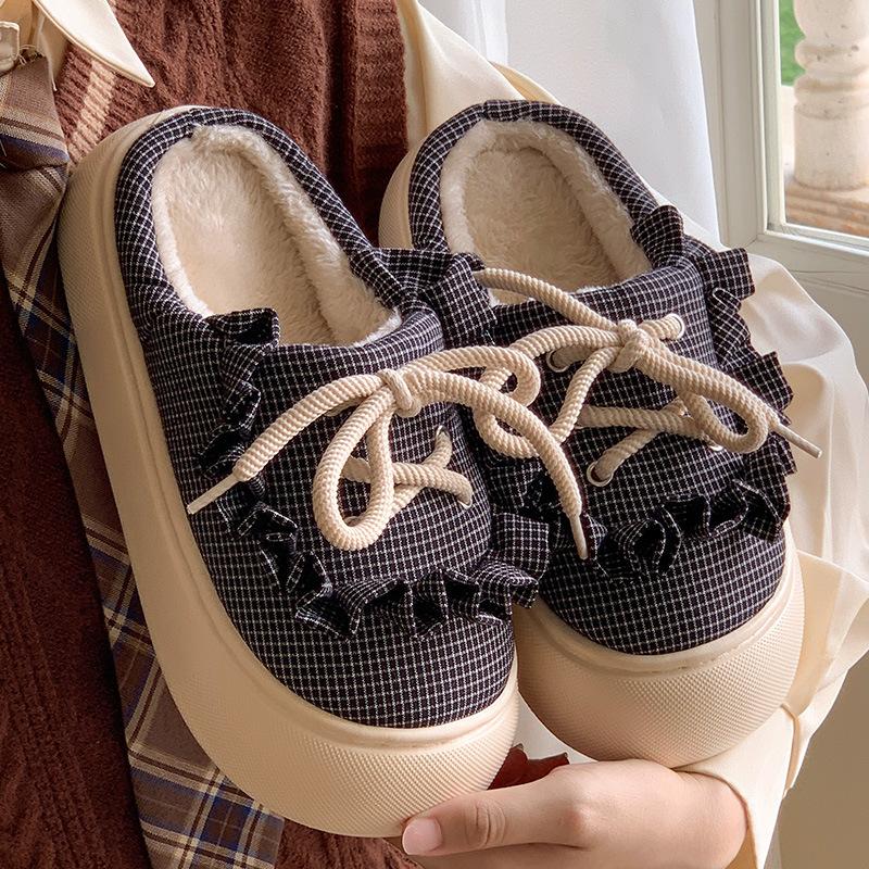 Fashion Women Cute Bowtie Mary Jane Cotton Slippers 2025 Winter Soft Thick Bottom Outdoor Slippers Woman Non-Slip Flat Heels House Shoes