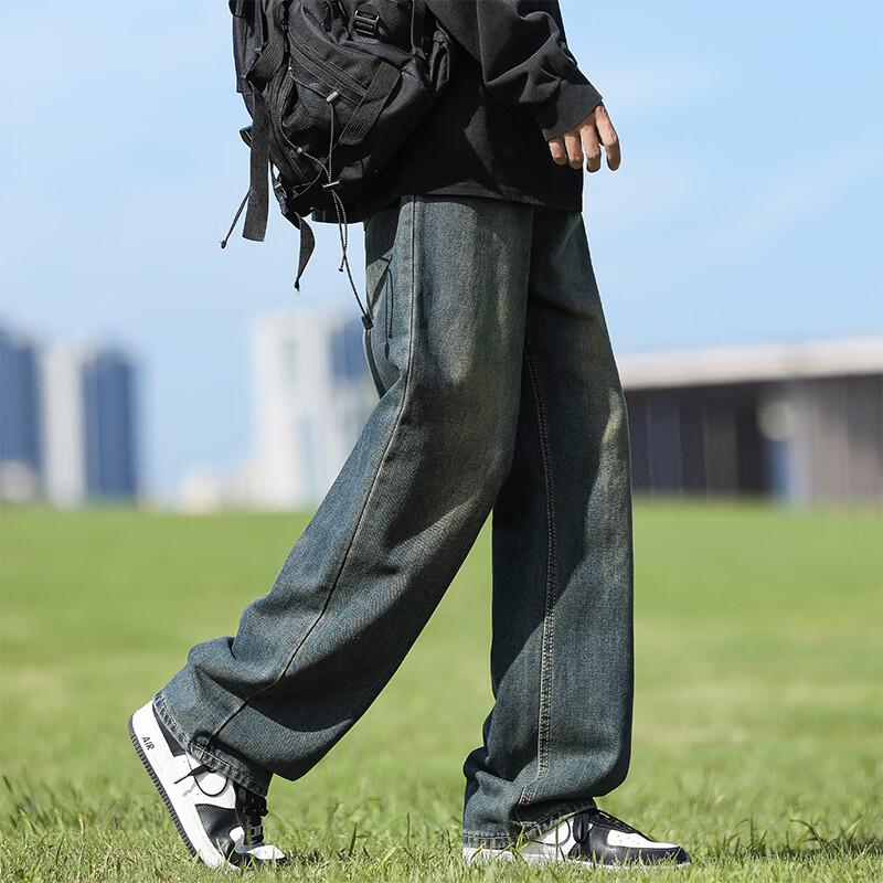 VUUG Men's High Street Retro Loose Straight Wide-Leg Denim Jeans