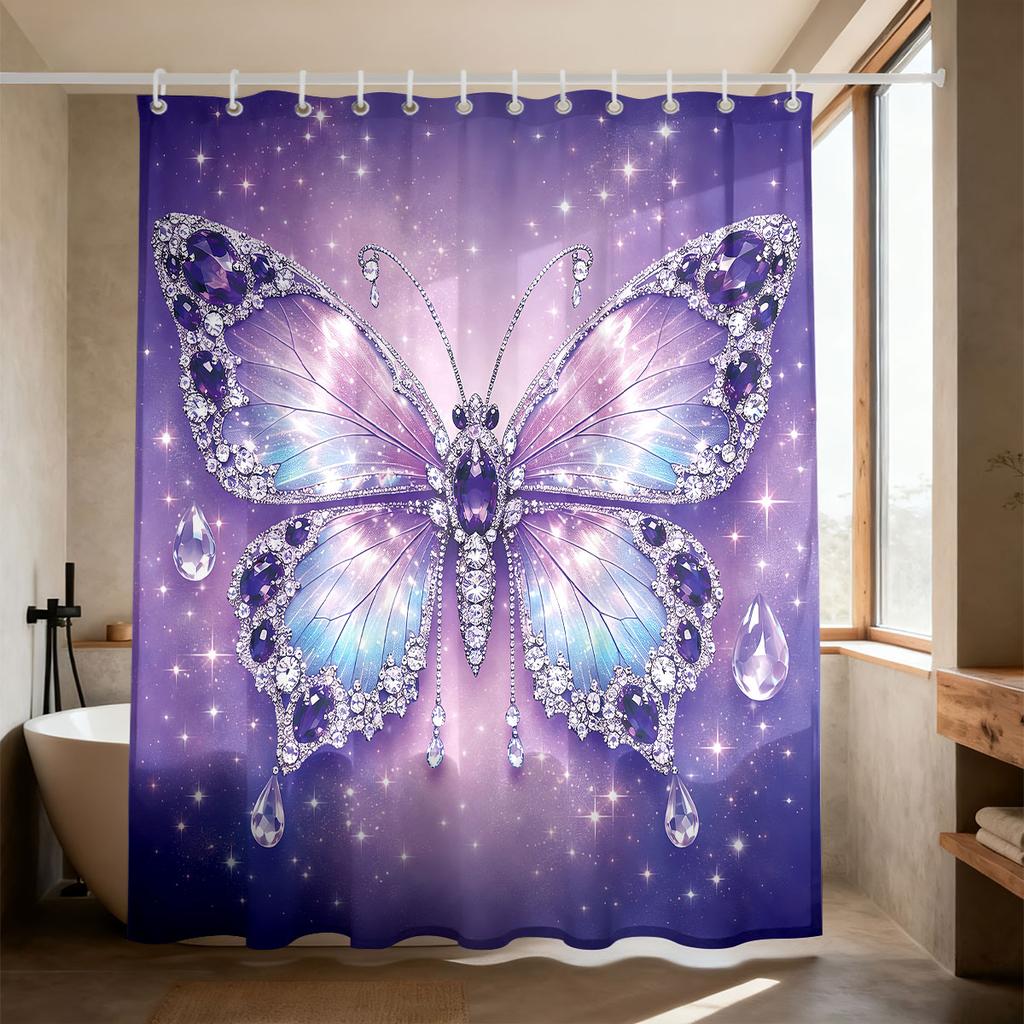 1Pc Purple Butterfly Printed Waterproof Shower Curtain Partition Privacy Hanging Curtain, 12 Hooks, Multiple Sizes