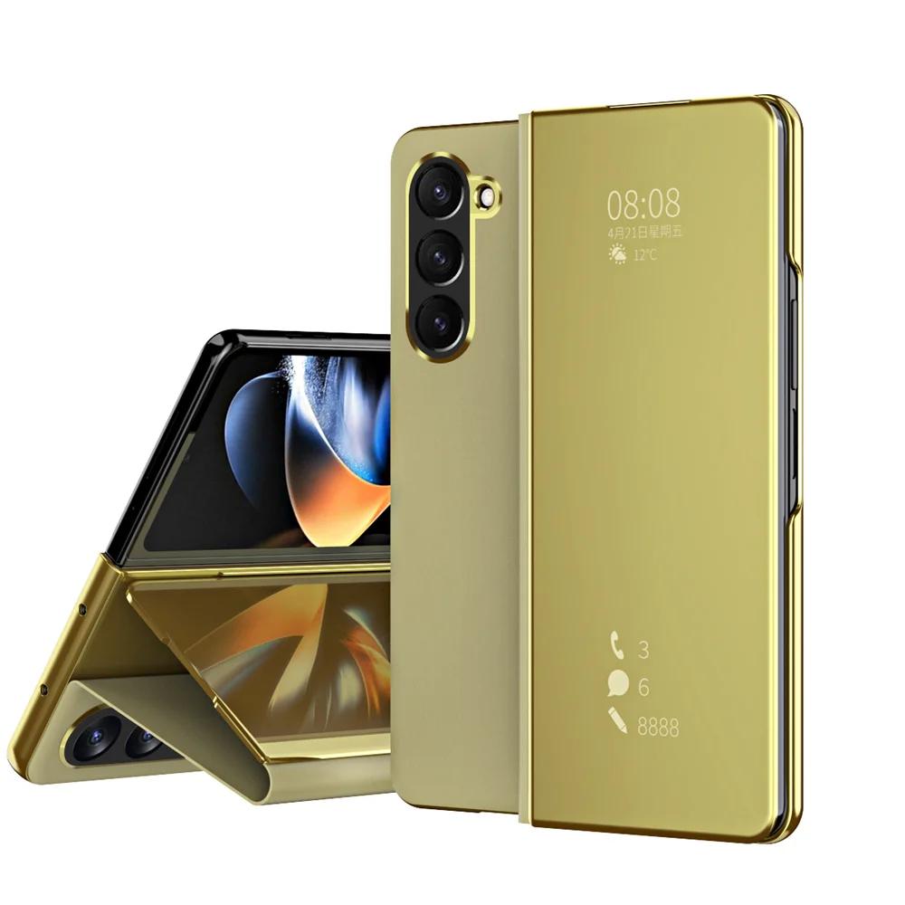 Luxury Side Window Smart Dormancy Case for Samsung Galaxy Z Fold 7 6 5 4 3 Plating Mirror PU Leather Stand Cover for Z Fold 7
