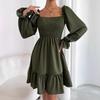 Women European Style Square Neck Ruffle Hem Long Sleeve Loose Casual Dress