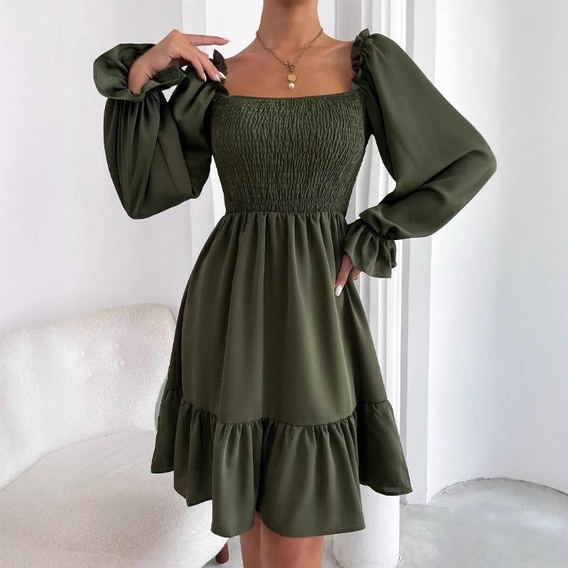 Women European Style Square Neck Ruffle Hem Long Sleeve Loose Casual Dress