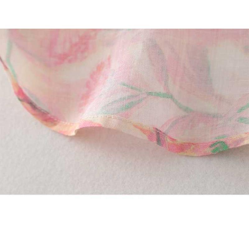 Autumn Pink Floral Shirt Linen Small Shirt French Literary Printing Shirt All-match Women