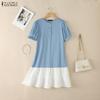 ZANZEA Women Casual Round Neck Loose Short Sleeve Splice Dress