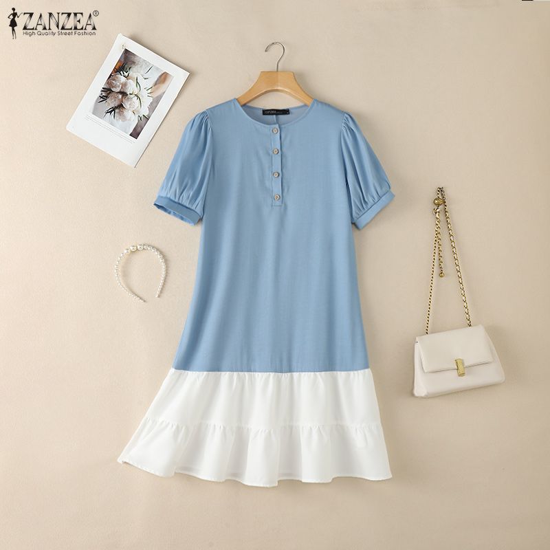 ZANZEA Women Casual Round Neck Loose Short Sleeve Splice Dress
