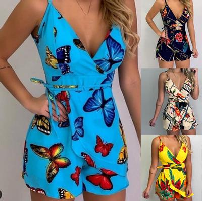 Macacão Casual Feminino Sem Mangas Estampado Floral Slim Fit com Alças Ajustáveis Decote V Macacão Curto de Verão com Detalhe de Amarração Lateral