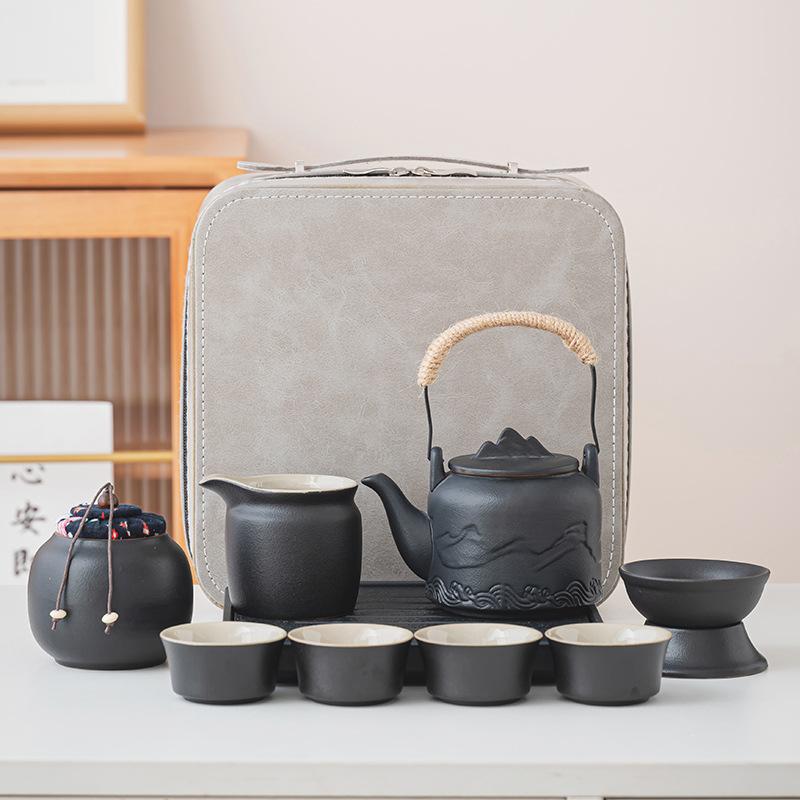 

Shanhai coarse pottery lifting beam pot, one pot of four cups, portable tea set for outdoor travel