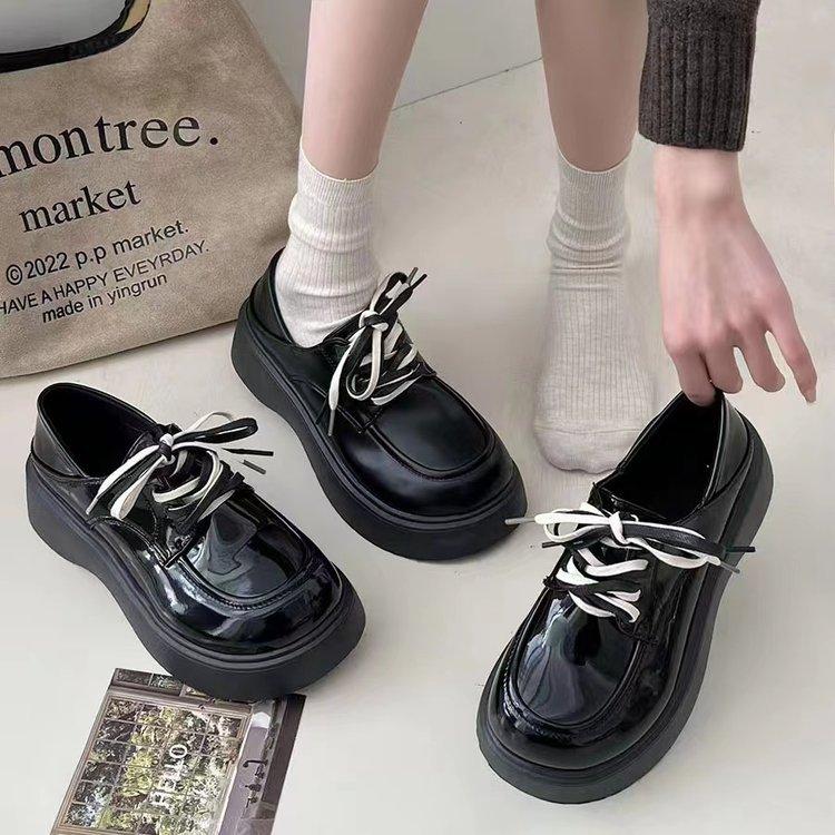 Small leather shoes platform British style small leather shoes double lace-up student spring new thick sole