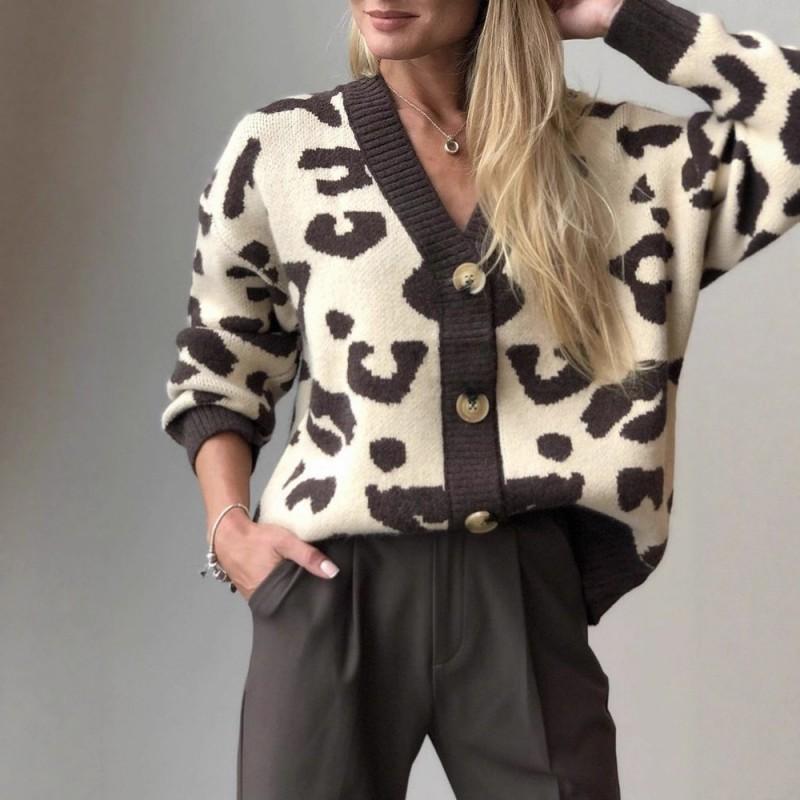 Womens Oversized V-Neck Knit Cardigan With Leopard Print - Soft Acrylic Warm Loose Fit Long Sleeve Sweater Fall 2025 Small светло-желтый