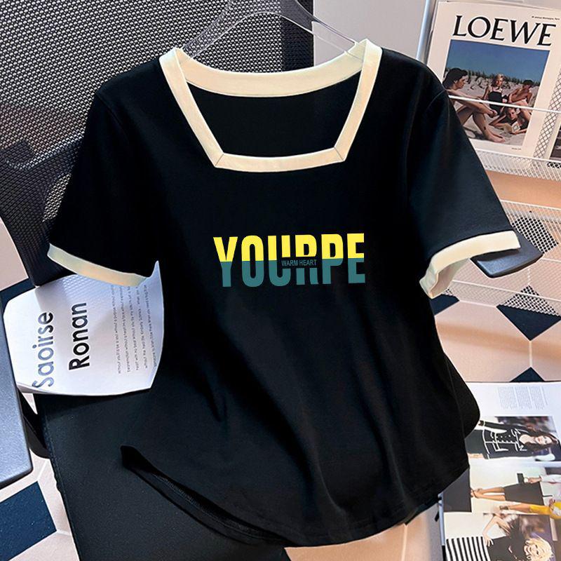 

Women s Summer Korean Style Slim Fit Square Neck Short Sleeve Cotton T-Shirt XL (Recommended for 105-120 Jin)