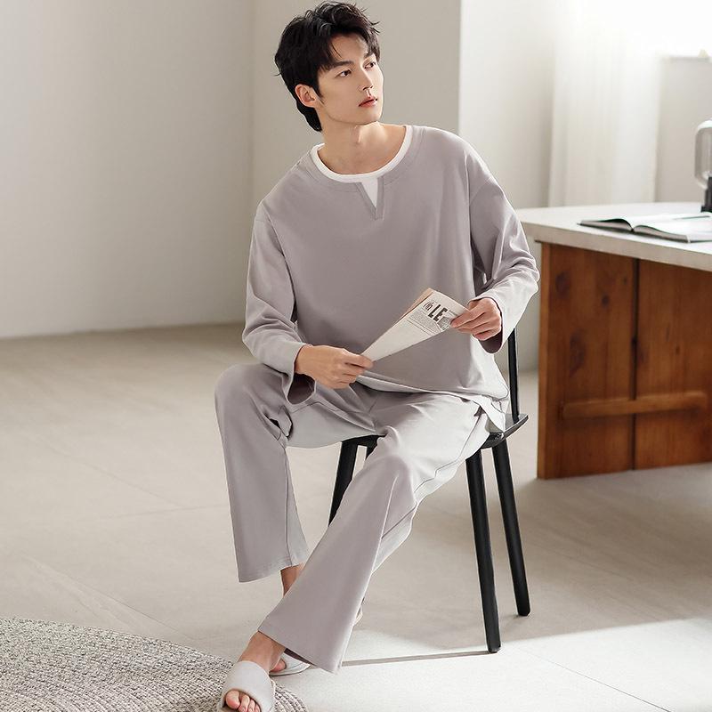 Men's Long Sleeve Loose Pajama Set - Round Neck, Long Pants, Plus Size for Spring & Autumn.