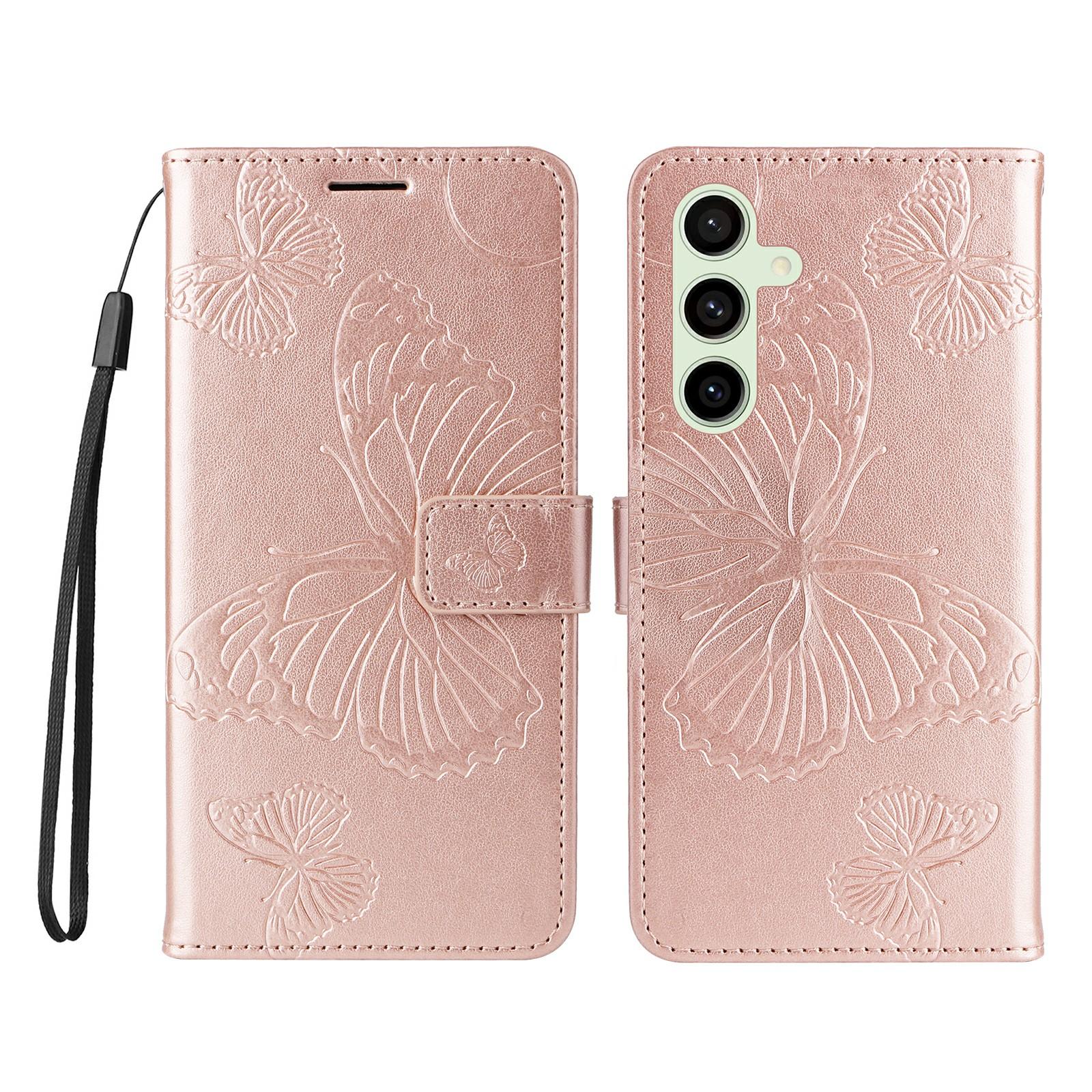 

For Samsung Galaxy S24 FE Wallet Case Floral Butterfly Imprinted Leather Phone Cover Stand Rose Gold