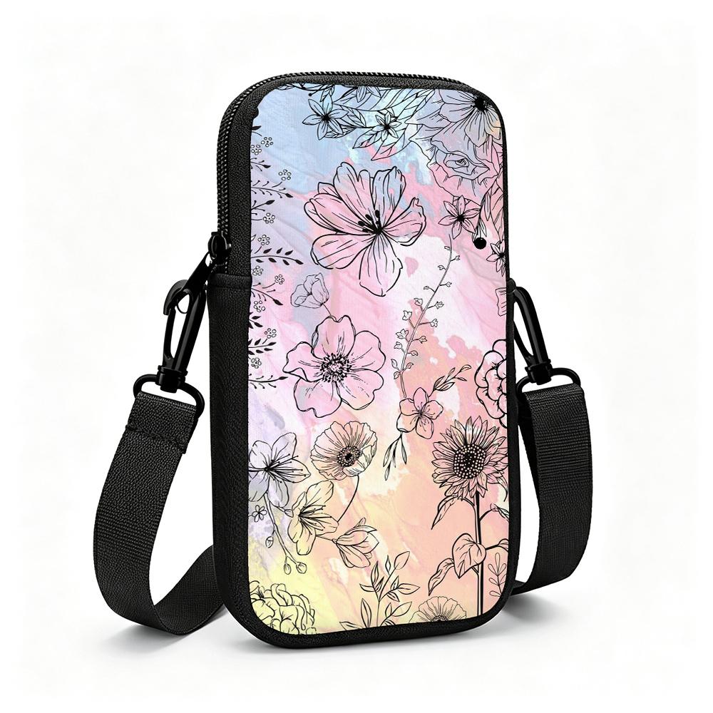 Watercolor Floral Poppy Ranunculus Sunflower Botanical Line Art Pastel Spring Pattern Adjustable Removable Strap Crossbody Phone Bag