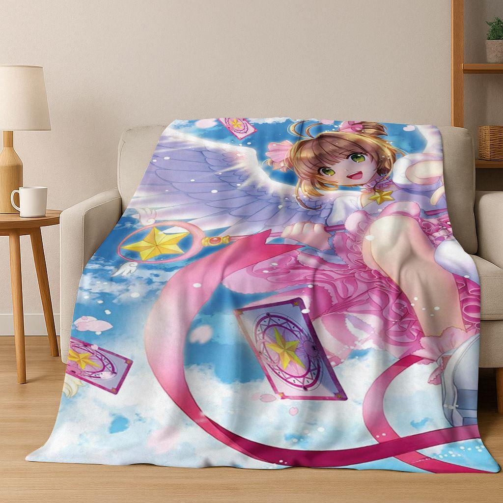 Cute Cartoon Card Captor Sakura Magic Girl Anime Art Flannel Blanket,Cozy Soft Throw Blanket for Home Bedroom Bed Sofa Cover Kid