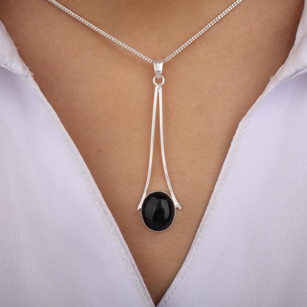 Natural Black Tourmaline Gemstone 925 Sterling Silver Handcrafted Necklace Partywear Women's Pendant 1.79" PP-69-27