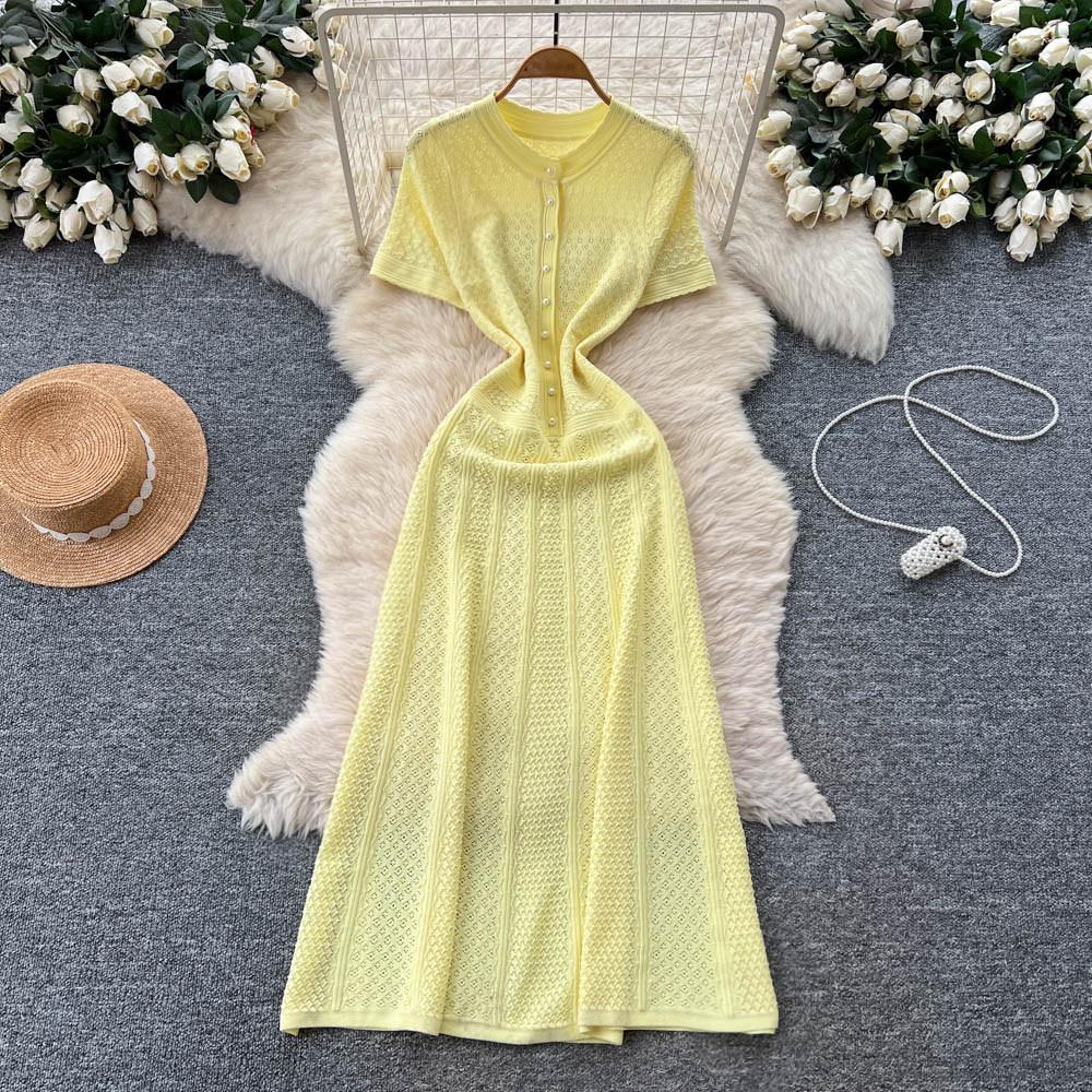 French small fragrant dress women's spring dress new celebrity high-end sense bead round neck waist knitted long dress