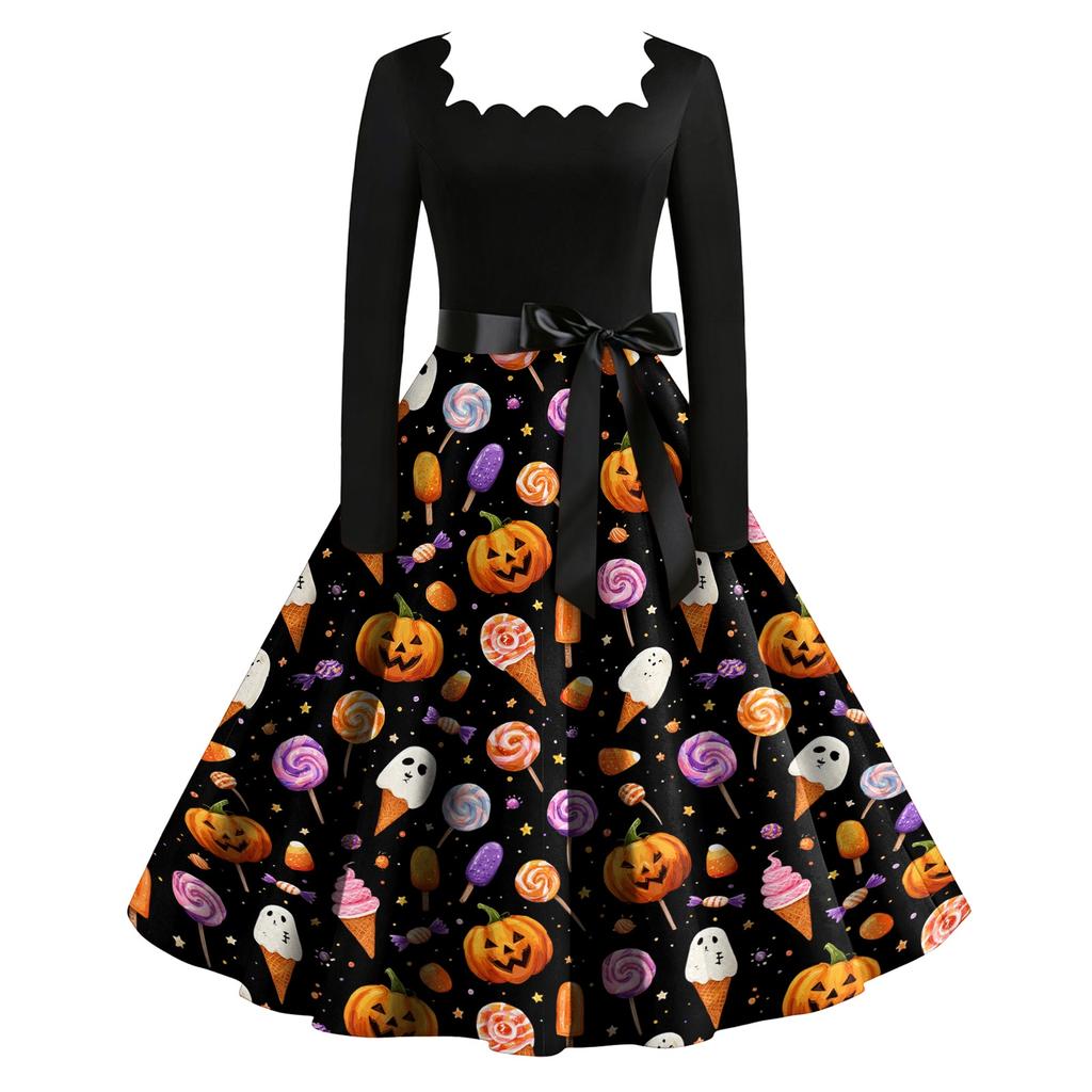 Women Vintage Long Sleeve Square Neck Dress Halloween Party Printed Full Skirt Retro Style Midi Dress with Waist Tie