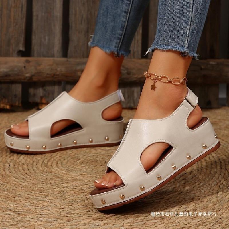 New Women's Shoes Muffin Thick-soled Wedge Sandals Women's Velcro Rivets Flat-bottomed Fish Mouth Sandals