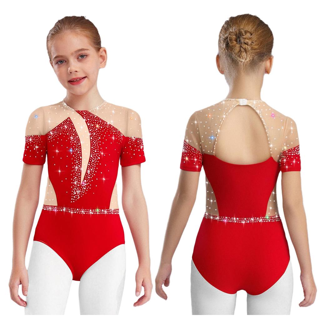 Kids Figure Skating Wear Short Sleeve Leotard Cutout Back Sheer Mesh Patchwork Shiny Rhinestones