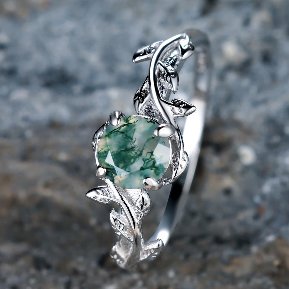 925 Sterling Silver Green Moss Agate Promise Rings for Women Elegant Leaf Shape Ring Unique Wedding Jewelry Gift
