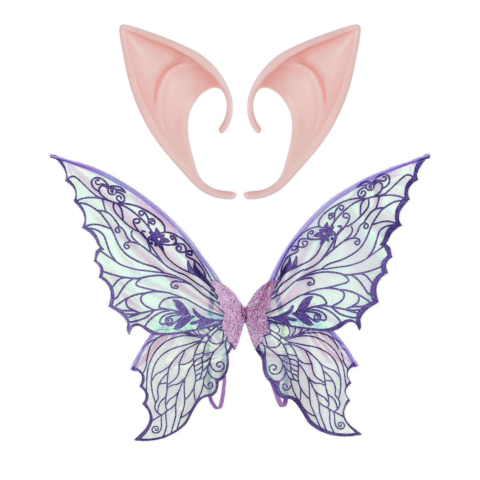 

Градієнтні прозорі крила метелика та гумові загострені вуха ельфа для дітей, дорослих, набір аксесуарів для костюма феї на Хеллоуїн One Size фіолетовий