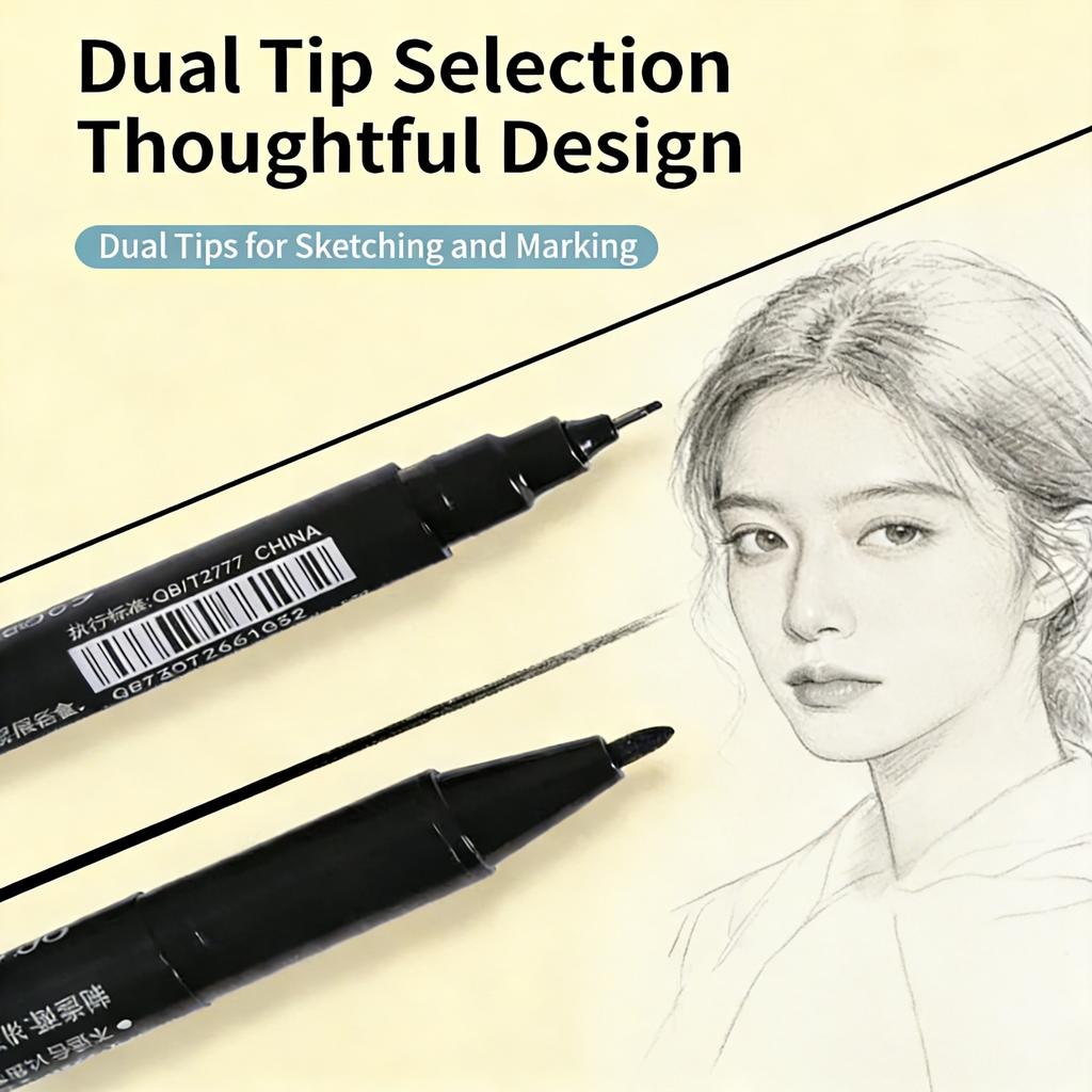 Dual Tip Art Markers, Fine & Broad Point Black Ink Pens, Water-Based Quick-Dry For Drawing, Sketching, Marking