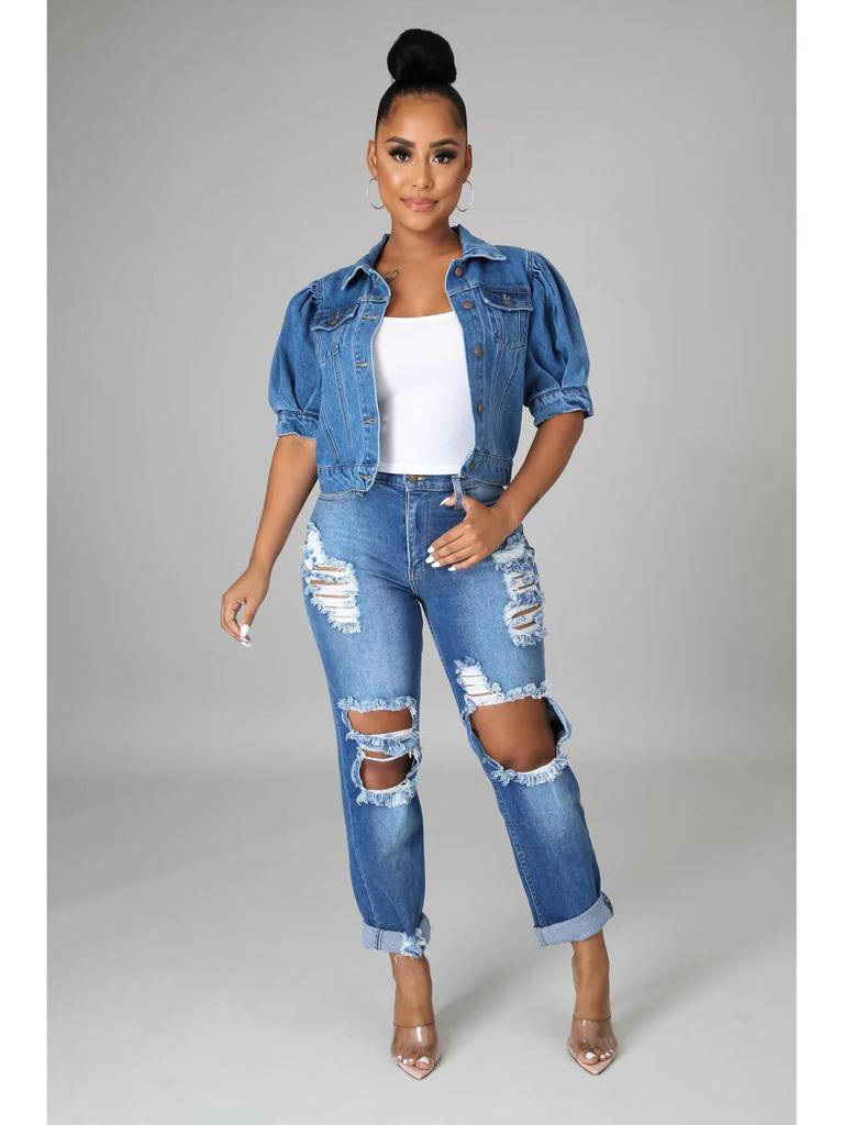 New Style Women's Denim Puff Sleeve Short Jacket