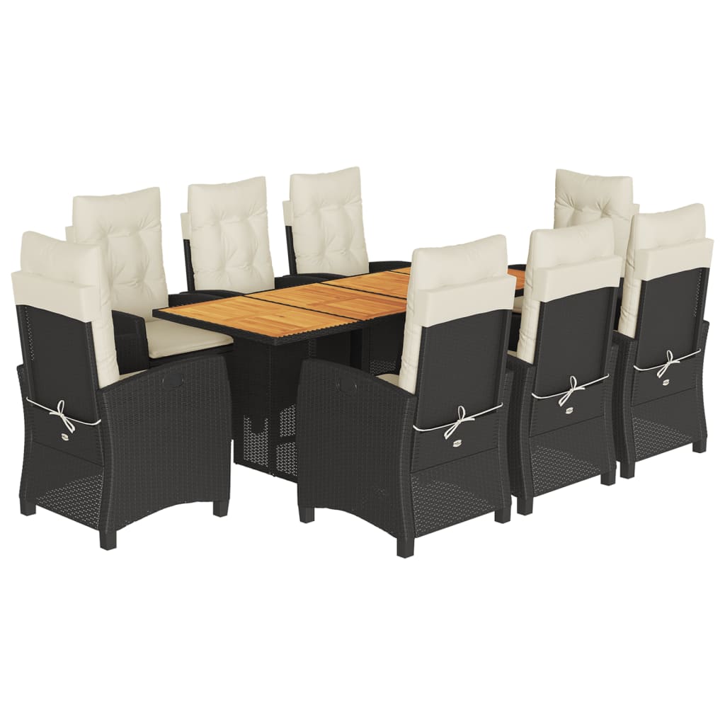 9 Piece Garden Dining Set with Cushions Black Poly Rattan