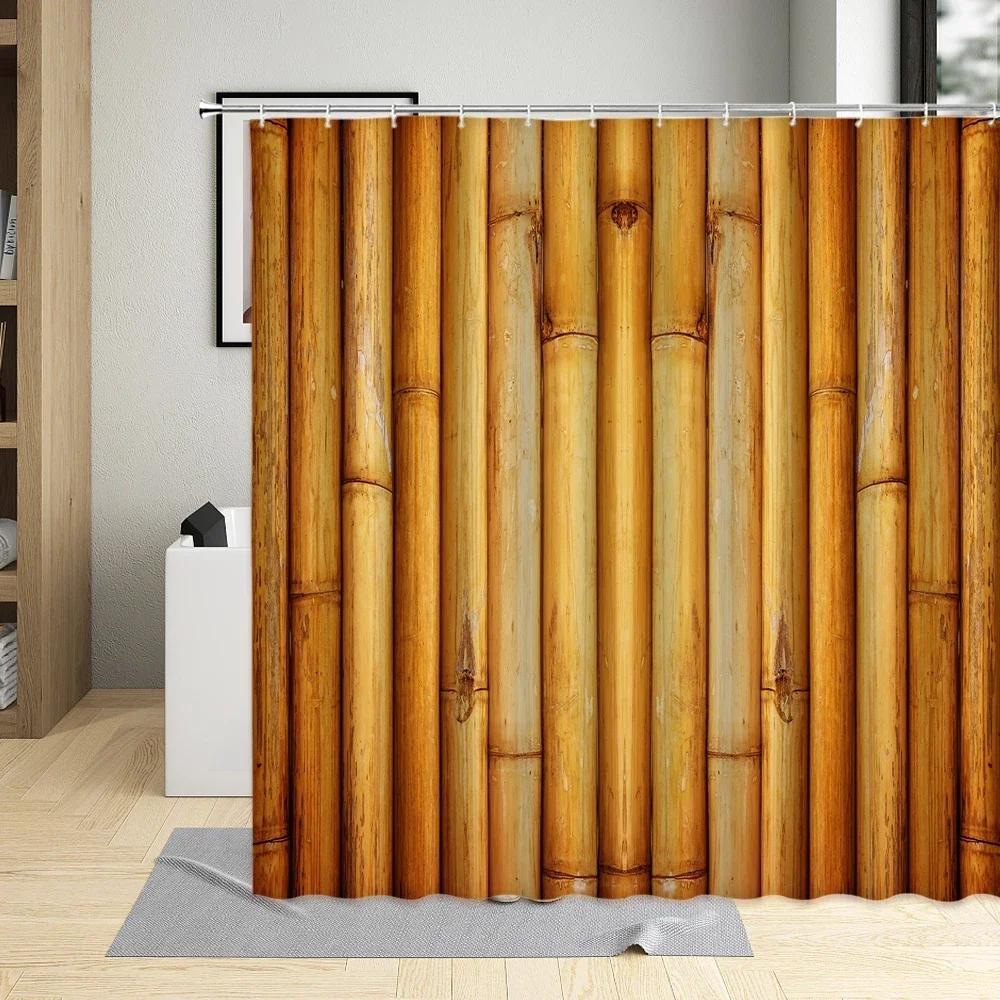 Bambus Duschvorhang Badezimmer Heimdeko Grüne Pflanzen Landschaft Badvorhänge Mit Haken Polyester Wasserdichtes Gewebe Waschbar