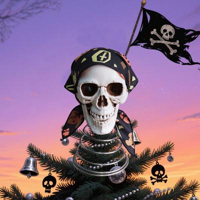 Piratenschädel Baumspitze Halloween Gruseliges Skelett Baumspitze Ornament Harz Menschlicher Schädel Dekoration für Halloween Weihnachtsfeier Dekor