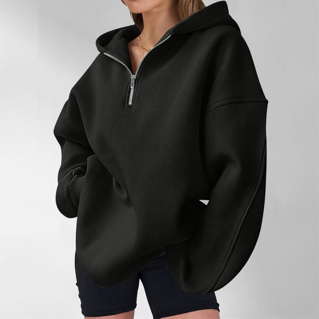 Women's casual fashionable long-sleeved hooded pullover with half-zip on the chest