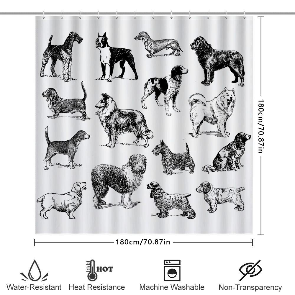 Decorative Shower Curtain Featuring A Vintage Dog Illustration Perfect For Pet Lovers
