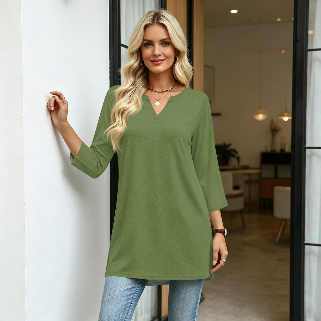 Women's Casual V Neck 3/4 Sleeve Pullover Tunic Top Mid Length Solid Color Comfortable Fit Lightweight Fabric