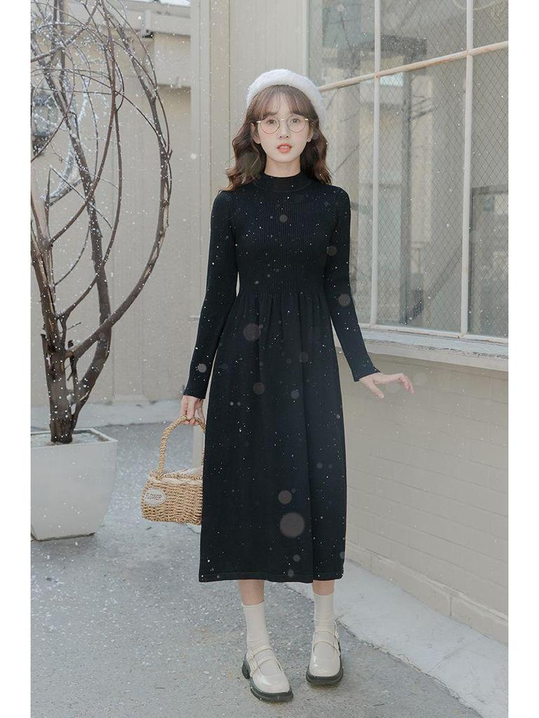Petite Women's Winter Base Layer French Knitted Wool Long Dress Skirt, 2025 Style.