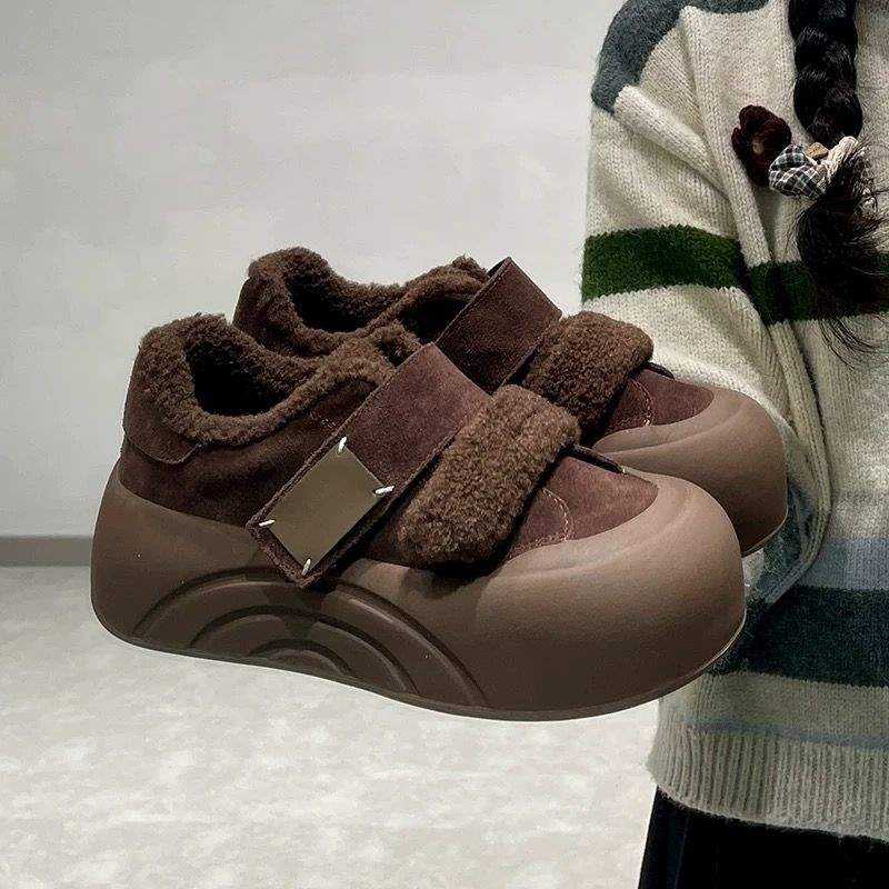 Baumwollschuhe Damen Samt Klettverschluss Jahr Dicke Sohle Schuhe Flauschige Schuhe Außen Brot Schuhe