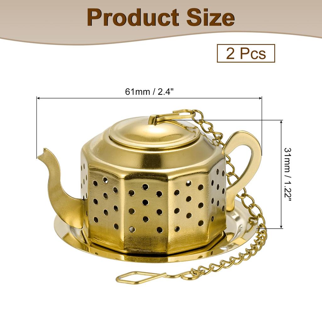 uxcell Tea Infuser Filter with Chain and Drip Tray, 2-Piece Set, Loose Tea Steeper for Brewing Loose Leaf Tea, Stainless Steel Tea Strainer, Gold
