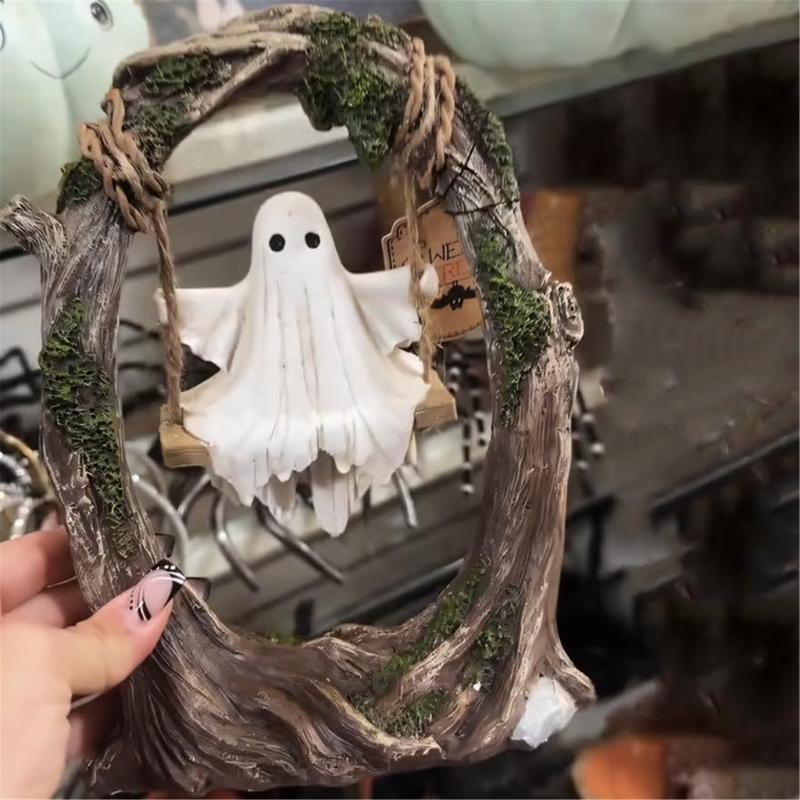 Ghosty on a Tree Swing Resin Ghosty Figurines Garden Decors Halloween Decorations for Desktop Bookshelf Garden Lawn