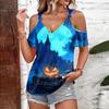 Women's Casual Halloween Print Tie Strap Cold Shoulder Short Sleeve T Shirt Lightweight Breathable Summer Top