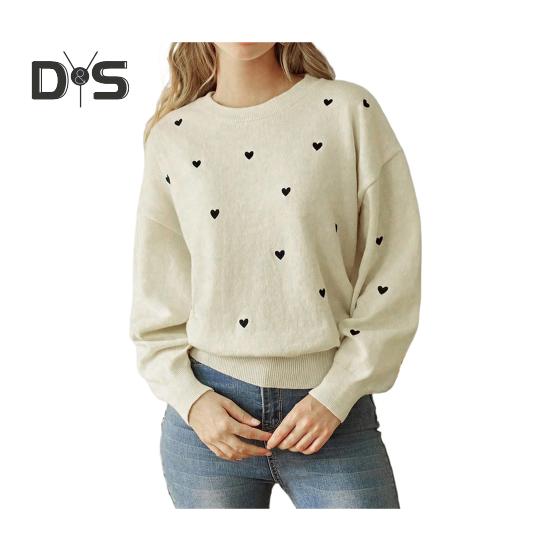 

Женский свитер с круглым вырезом и длинным рукавом, эластичный трикотажный топ с узором в виде сердца, свободный крой, H-образный пуловер, топы, трикотаж S абрикосовый